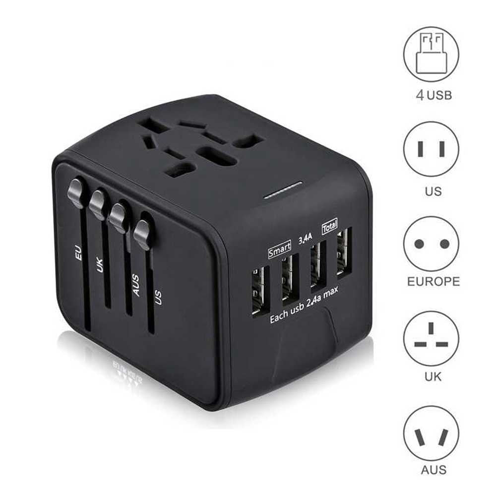 Travel Adapter International Universal Power Adapter All-in-one with 3.4A 4 USB Worldwide Wall Charger for UK/EU/AU/Asia