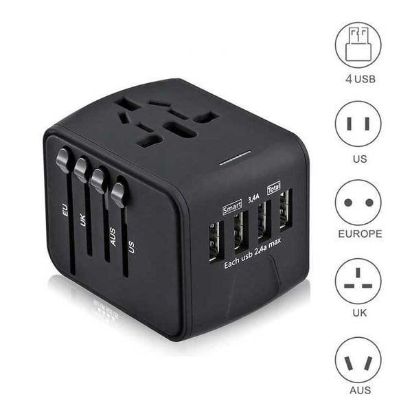 Travel Adapter International Universal Power Adapter All-in-one with 3.4A 4 USB Worldwide Wall Charger for UK/EU/AU/Asia